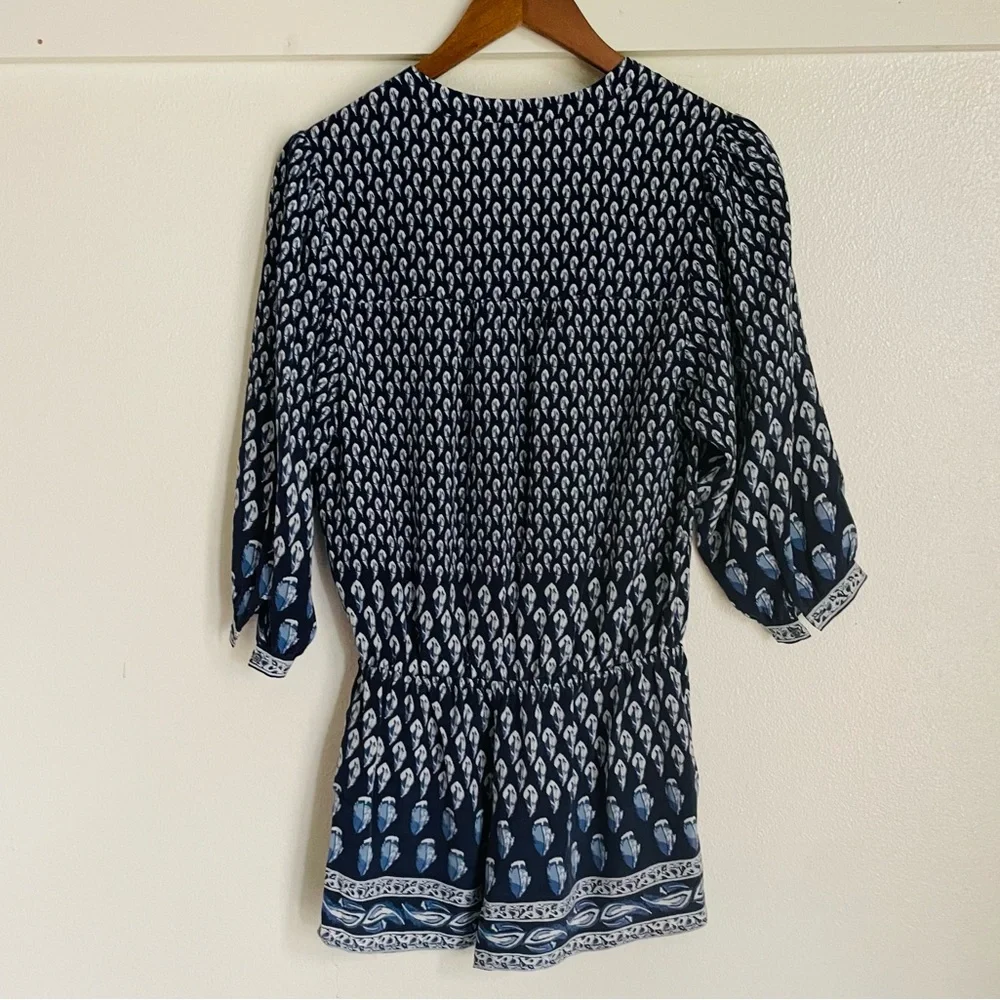 Joie XS Blue White Feather Solstice Boho Silk Romper - Picture 9 of 14